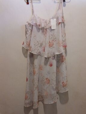 Floral Ruffle Camisole Dress - White with Pink & Peach Floral Print